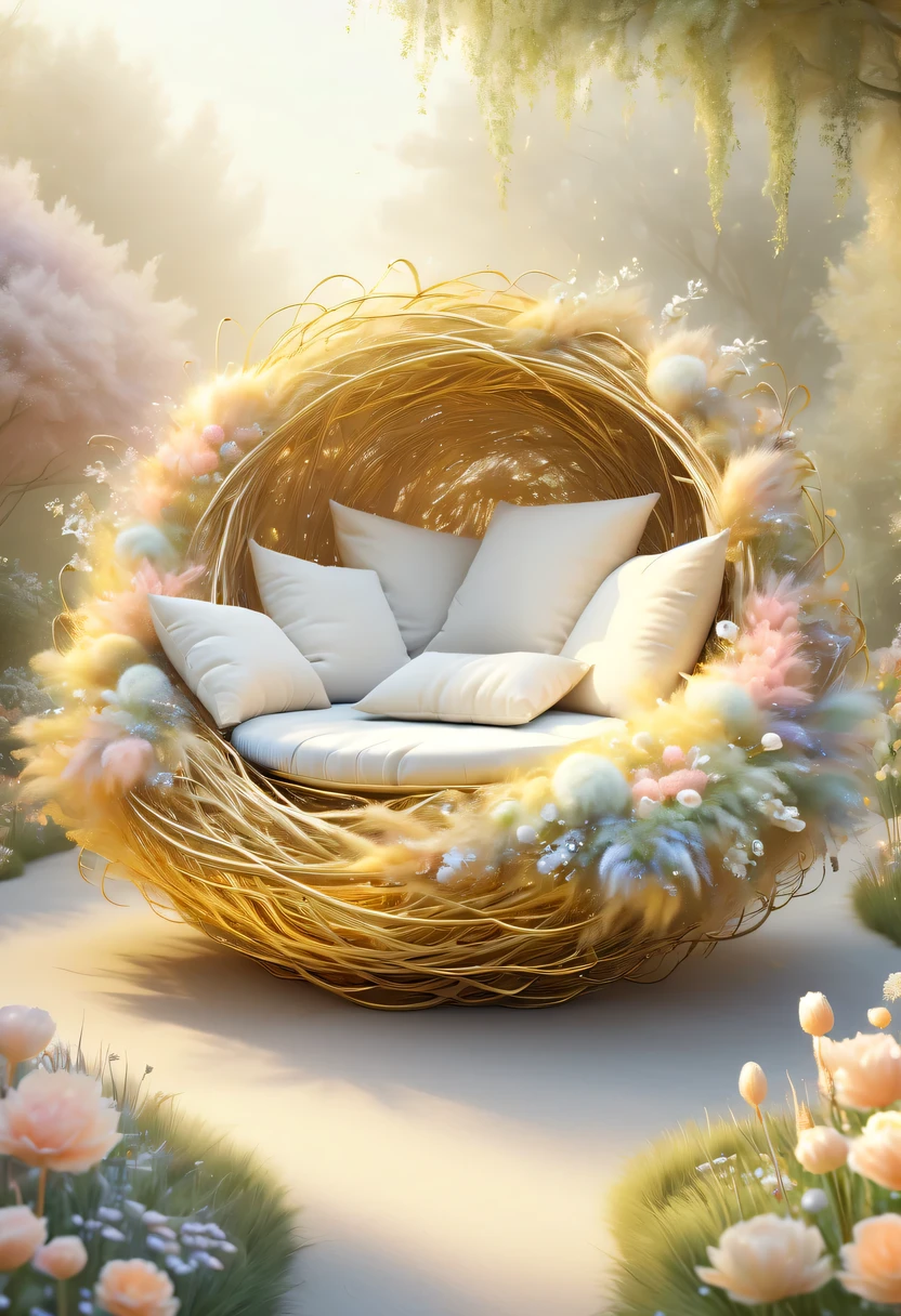 golden nest,pastel tones,Light style,Comfortable and calm,nature,warm and cozy,garden,hyper detailed masterpiece, Dynamic, good quality,Floating Extra Large Ethereal Dream DonMW15pXL