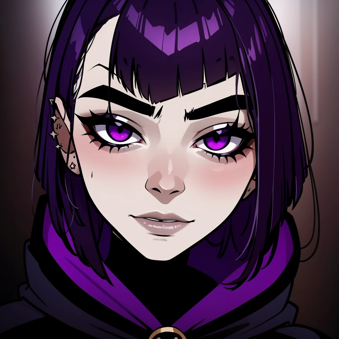 Raven,  titans, hooded, goth girl, autumn forest background, detailed, detailed, detailed, beautiful, detail, goth girl, masterpiece, purple clothes, red jewel centre head, dark night background, gothic, goth, goth, detailed, goth girl, piercings, detailed face, looking viewer, raven, (Dark eye shadow) dark eye shadow, black eye shadow, incasewestern artstylesemi-realistic facial structurepainterly style