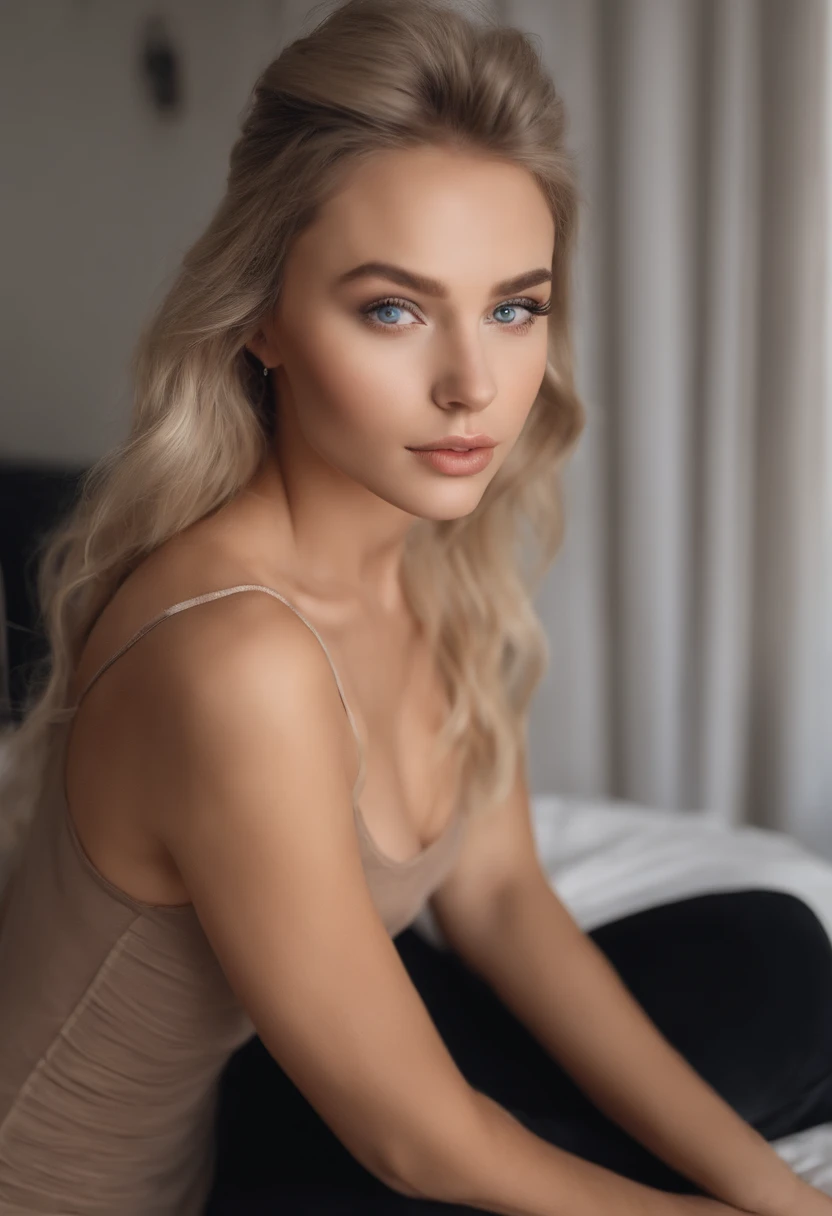 Arafed Frau voll , Sexy girl with blue eyes, Ultrarealistisch, Akribisch detailliert, Portrait of Sophie Mudd, blonde hair and big eyes, Selfie of a teenage girl, Schlafzimmer Augen, Olivia Dunne, ohne Makeup, natural makeup, direkt in die Kamera schauen, Gesicht mit Artgram, dezentes Make-up, Stunning full body shot kneeling on the bed, im Schlafzimmer, small bust; ; ;nackt