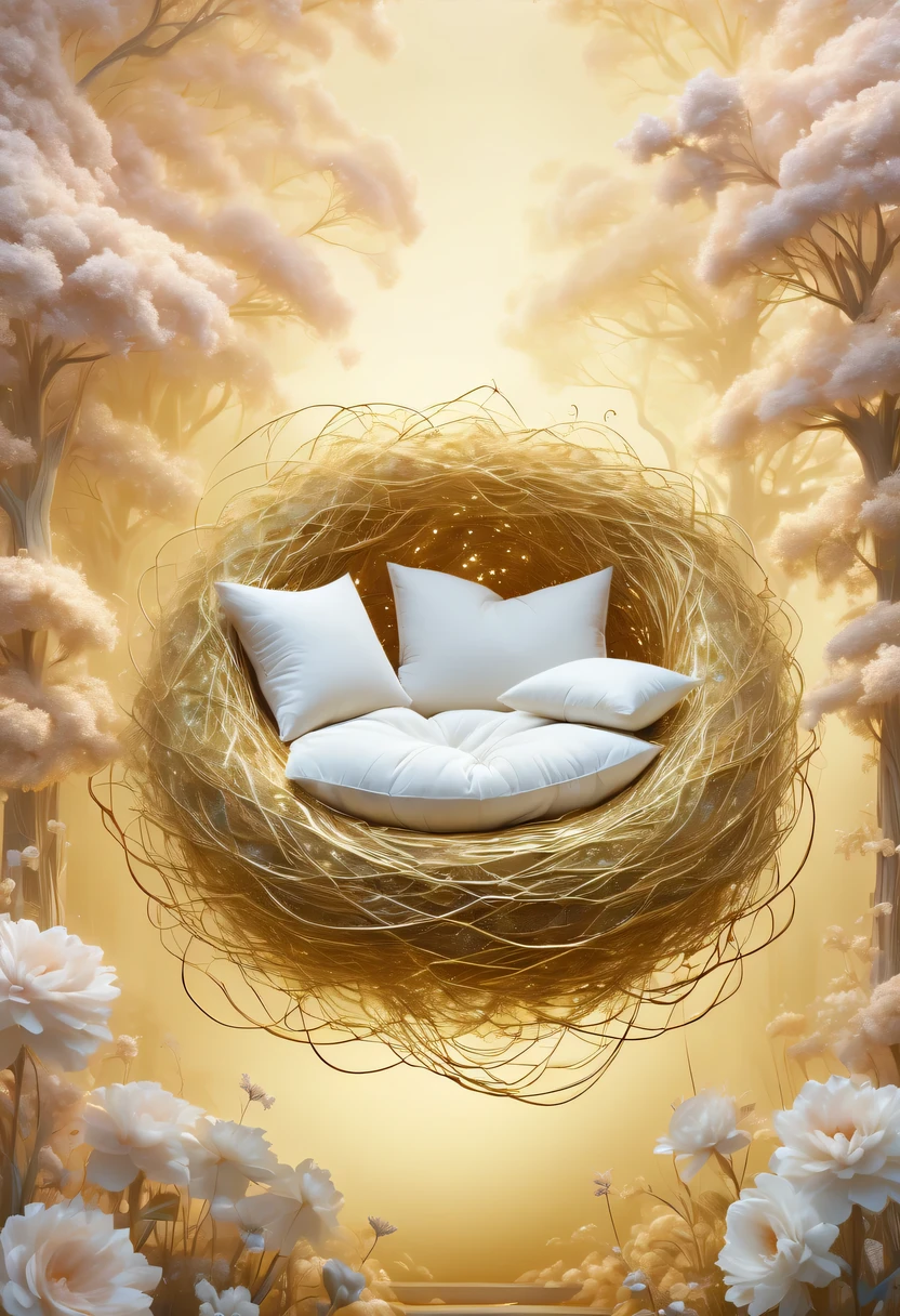 golden nest，pastel tones，Light style，Comfortable and calm，nature，warm and cozy，garden，hyper detailed masterpiece, Dynamic, good quality,Floating Extra Large Ethereal Dream DonMW15pXL  