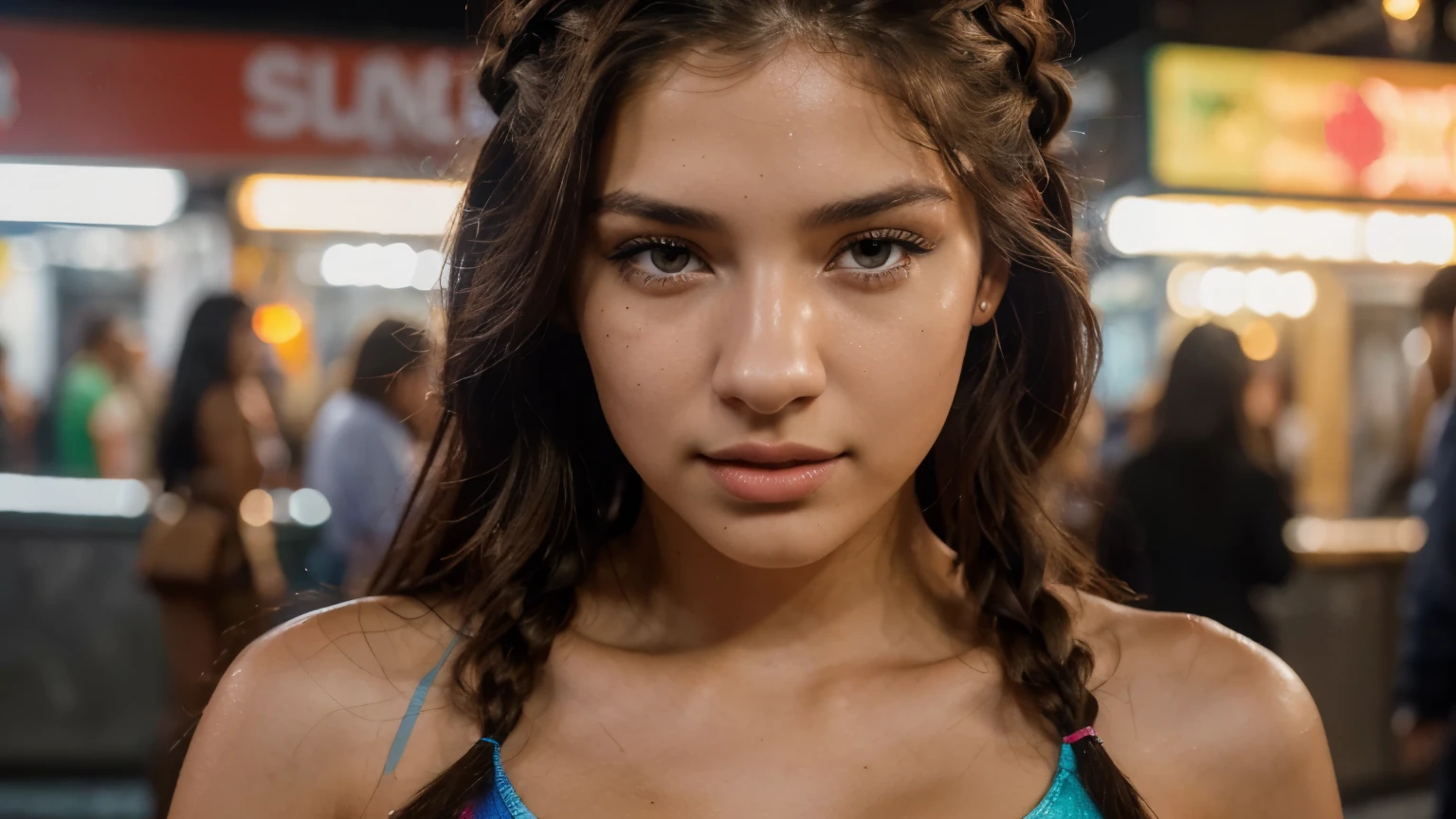 (brazilian,20 years old,Alessandra Lopez), blue eyes,dark long brown hair, full lips, seductive,portrait,realistic,highres,(vivid colors:1.1),(ultra-detailed:1.2),(studio lighting:1.1),(sharp focus:1.1), sexy, Stylish streetwear at a night market, colorful ambient lights, trying street food, with an adventurous spirit. Hairstyle: Dutch braids.