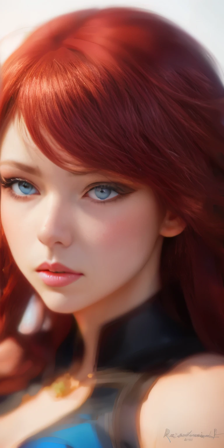 Anime girl with red hair and blue eyes looks at something, extremely detailed Artgerm, Artgerm on artstation pixiv, Lois van Baerle and Rossdraus, detailed digital anime art, Kushart Krenz Kay Art for women, Beautiful portrait of Nami, Artgerm. high detail, Rossries 2. 5, Rossries 1. 0