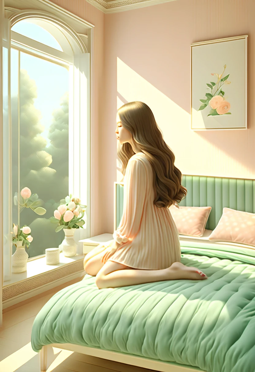 bedroom,(best quality,high resolution,masterpiece:1.2),super detailed,actual,(pastel tones,Subtle color palette:1.1),peaceful atmosphere,Quiet environment,natural mixture,Comfortable and warm environment,bedroom,beautiful girl
