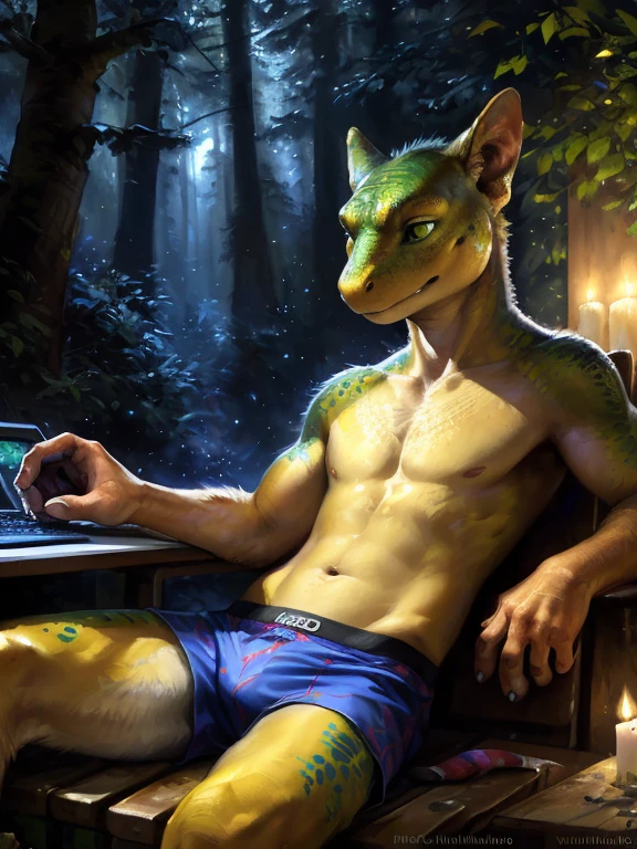 solo, male, (slim), (male anthro lizard):1.3, yellow body, red belly, (laying on back):1.3, (kemono:1.4)
(typing on computer) (blue boxers, red pattern:1.2),
detailed eyes, lizard tail, ((body portrait)), (detailed eyes, green eyes, glowing eyes):1.1,
(outdoors:1.35), computer, forest, candle, night, (particles, firefly, blue glowing):1.3, 
detailed background, photorealistic, realistic hands, 8k hd,
(dark shadows, wide dynamic range, hdr, low light:1.2),
by (by Pino Daeni, (by ruaidri), (by virtyalfobo), (by Kenket).