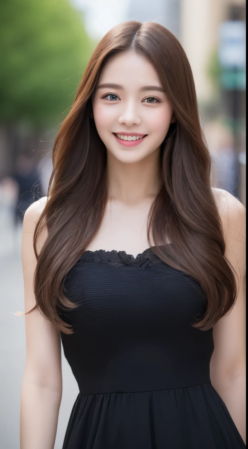 ((Best quality, 8k, Masterpiece :1.3)), 1girl, smiling, full body, slim face, Pretty woman, (Dark brown hair), full length dress :1.1, Ultra-detailed face, Detailed eyes, Double eyelid, blur background, slim face, city, outside, street,