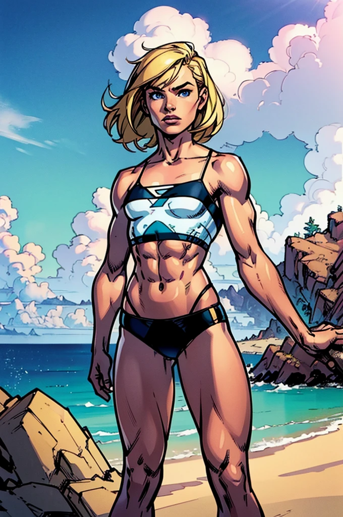 (masterpiece, high quality), 1girl, Caucasian, tomboy, slender, short blonde hair, blue eyes, 12-years-old, (tropical beach background), (black panties), white crop top, strong arms, muscular thighs, ripped muscles, six pack abs, muscle arms, muscular, flat chest, hyper detailed, Intricate design, Luminous, 4K, 8K, Cinematic lighting, Contour lighting, bright, soft light,