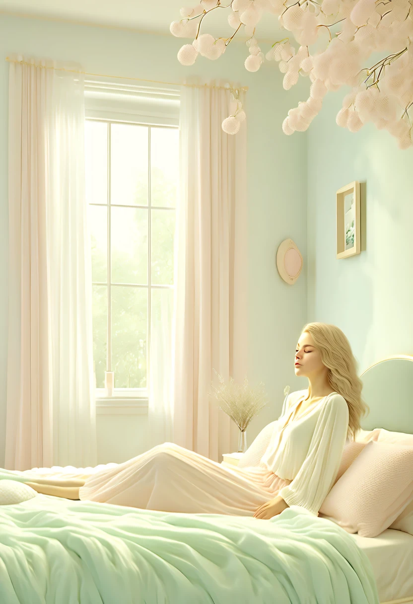 bedroom,(best quality,high resolution,masterpiece:1.2),super detailed,actual,(pastel tones,Subtle color palette:1.1),peaceful atmosphere,Quiet environment,natural mixture,Comfortable and warm environment,bedroom,beautiful girl