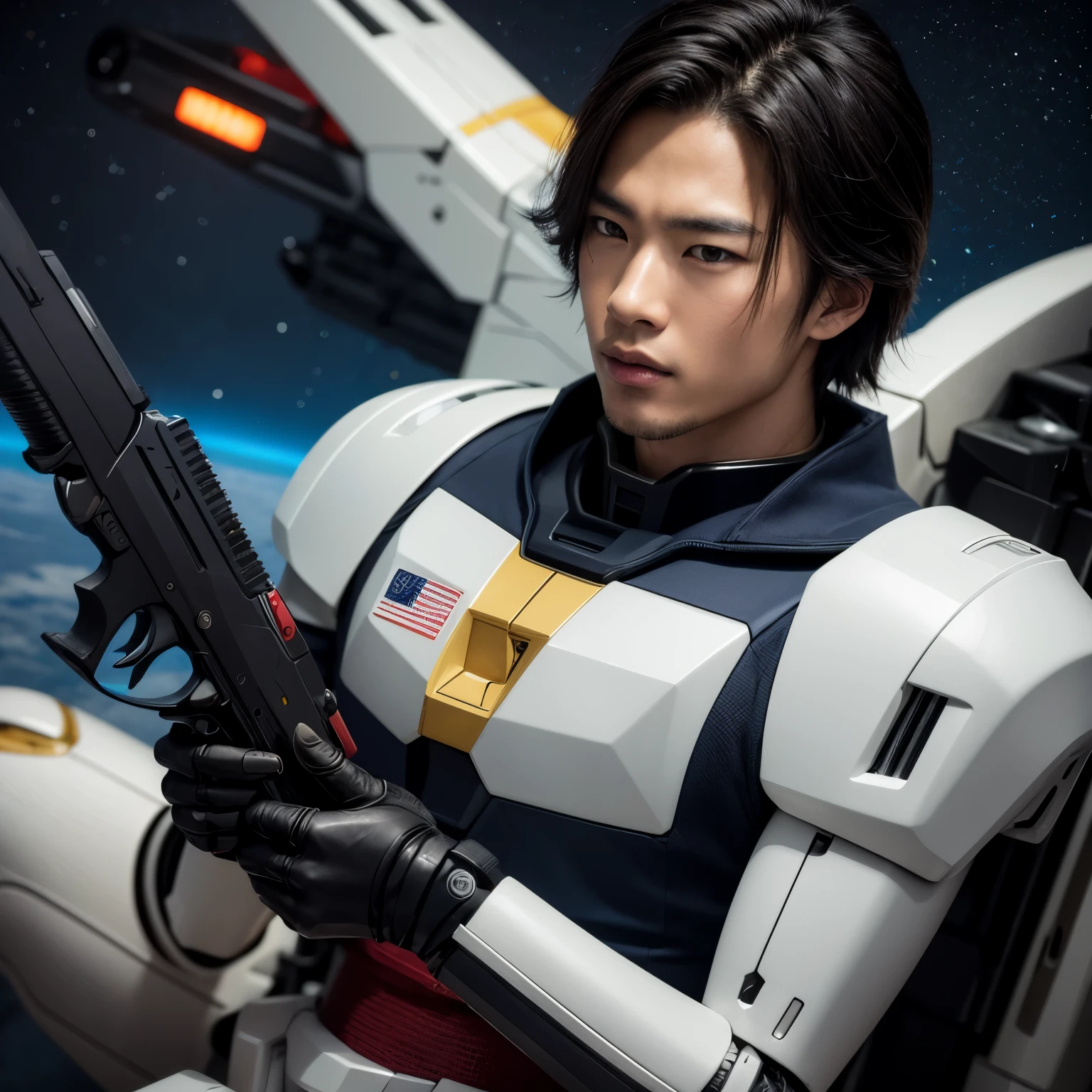 a close up of a realistic handsome japanese young man holding a futuristic pistol in his hands, robotech styling, samurai jetstream sam, on a gundam, dandy from space , cyborg, with plasma guns