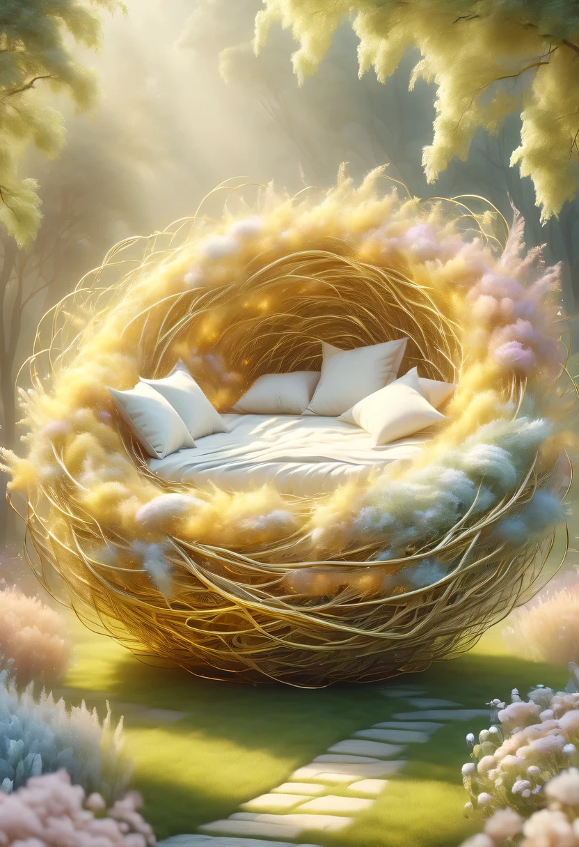 golden nest,pastel tones,Light style,Comfortable and calm,nature,warm and cozy,garden,hyper detailed masterpiece, Dynamic, good quality,Floating Extra Large Ethereal Dream DonMW15pXL