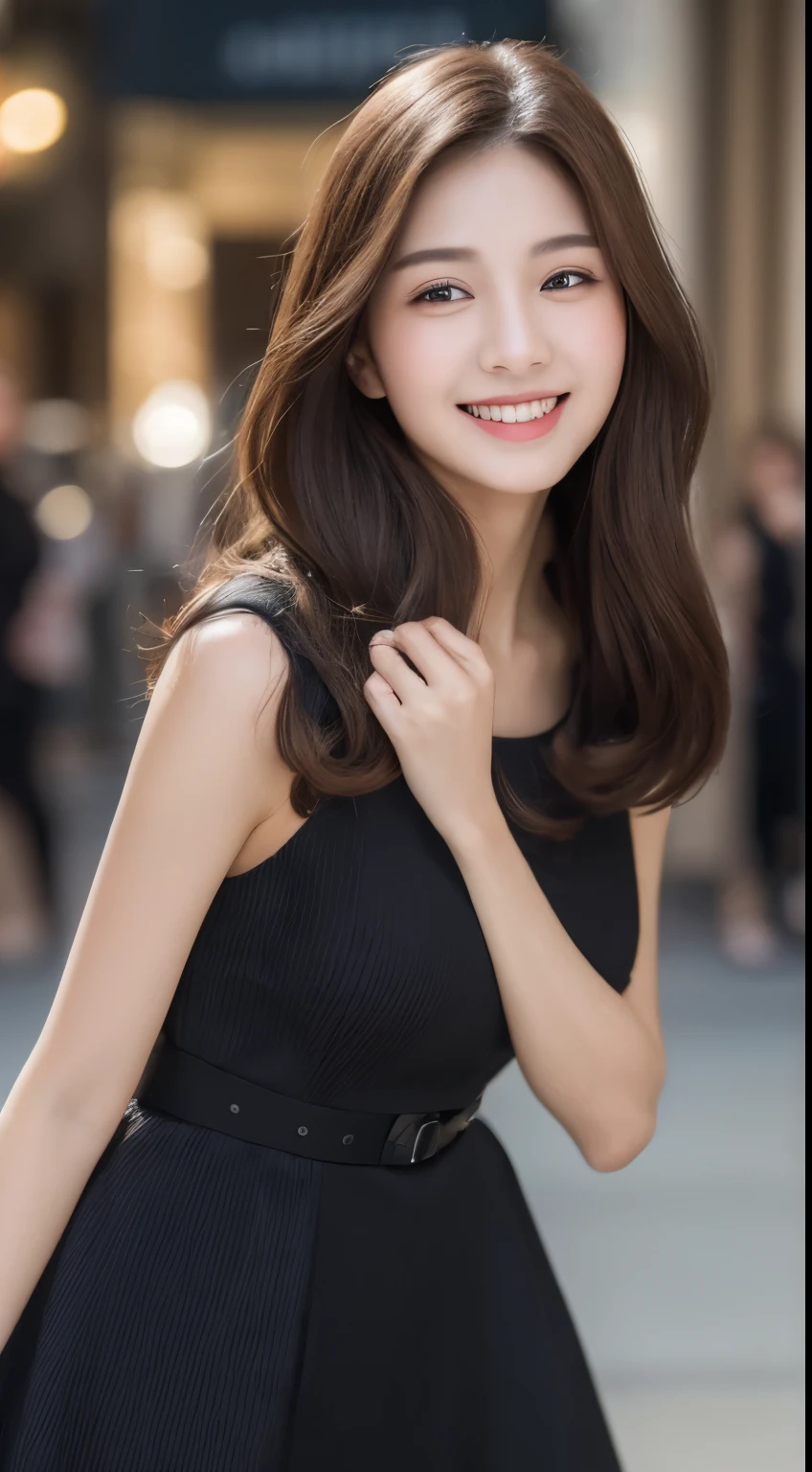 ((Best quality, 8k, Masterpiece :1.3)), 1girl, smiling, full body, slim face, Pretty woman, (Dark brown hair), full length dress :1.1, Ultra-detailed face, Detailed eyes, Double eyelid, blur background, slim face, city, outside, street,