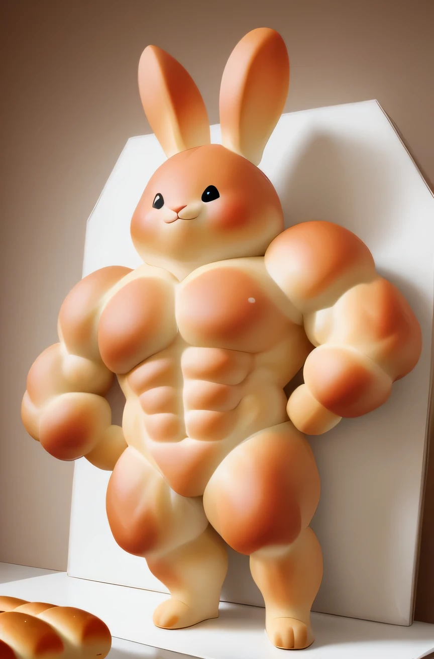 (masterpiece, high quality, best resolution), there is a bunny shaped bread, muscular bread rabbit, strong pixar wheat bread warrior, animal - shaped bread, buns, detailed, super realistic food picture, dough sculpture, body builder, 4k