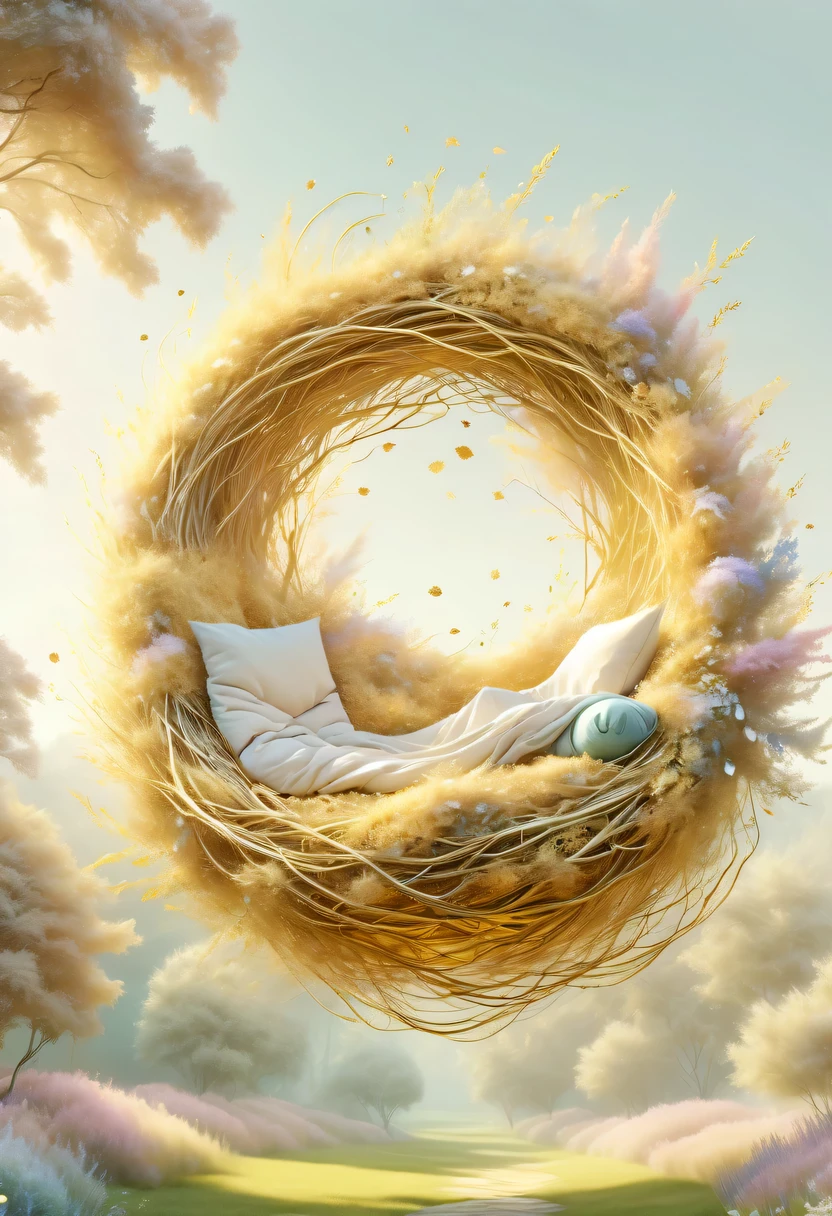 golden nest，pastel tones，Light style，Comfortable and calm，nature，warm and cozy，garden，hyper detailed masterpiece, Dynamic, good quality,Floating Extra Large Ethereal Dream DonMW15pXL  