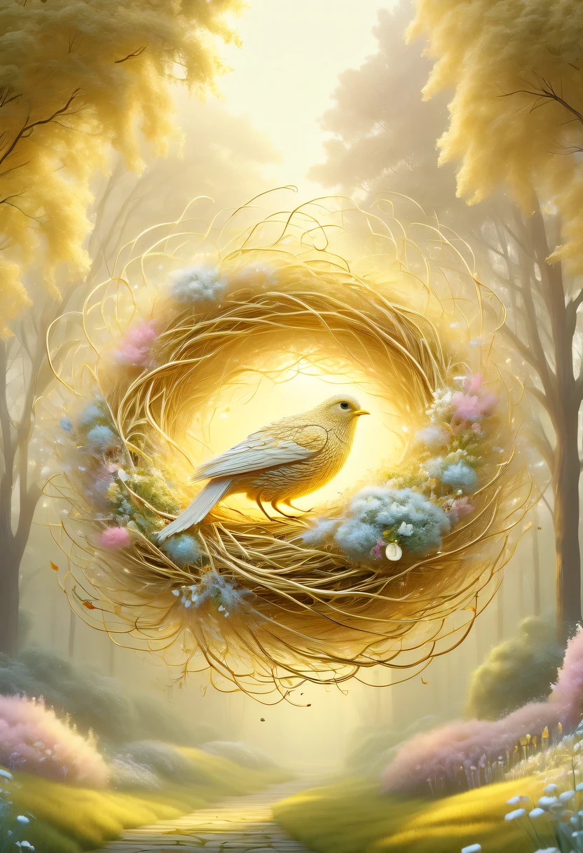 Nests，pastel tones，Light style，Comfortable and calm，nature，warm and cozy，garden，hyper detailed masterpiece, Dynamic, good quality,Floating Extra Large Ethereal Dream DonMW15pXL