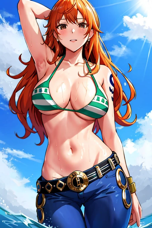detailed background, masterpiece, 4K, best quality, 늦은 request소년, adult, wrestler body, 1 woman, Active, energetic, Uppercut, (Big mouth) , alone, nami \(One Piece\), 1 woman, bangle, (Very wet, Drenched in sweat, sweating all over, Very wet hair, tired, breathe, get off, exhausted, outcry, Sweaty face, sweaty body, Panting, sweating too much, Glittering sweat, sweaty armpits, trend, hands on hips, Serious, glaring), Perfect, detailed face, draw a thick line, muscular arms, Detailed and thick arm lines, Flat chin, adult woman, Wide striped bangs with waves, floating bangs, (Big cheeks), bare shoulders, off shoulder, belt, bikini, bikini top only, blue sky, bracelet, Elastic , chest line, Big round eyes, very large and bright brown eyes, foam, 높은 눈 stomach치, divided, cloud, afternoon, request, earring, floating hair, shiny hair, green belt, green bikini, thick groin line, requestpants, jewelry store, medium chest, Log Pose, long hair, looking at viewer, navel, wet hair, Orange hair, pants, shoulder Tattoo, Side lock, sky, alone, standing, stomach, swimsuit, Tattoo , looking at viewer, get off, Detailed left arm, large forehead, hourglass shape, small head, a toned body, Broad head, wind effect, The Sun Effect, Under the sun, Narrow small ear angle, previous, 무작stomach 포즈,