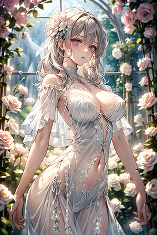 (Paradise in Heaven), White lighting,(muste piece), (best quality), (cinematic), 8K, (art station),(長いwhite hairとSilvery eyesを持つ1人の女), (beautiful delicate face)、[Frozen trees々], [landscape crystal], [lighting], [Ethereal Atmosphere:1.1], [fantasy, short story] ,[soft なlighting] 、(+cinematic shot:1.2)、 [+art station] 、[+luminous white background] 、 [soft glow] 、(Creative and dynamic angles:1.3), [+Crystal Toning] 、muste piece, very detailed, Super detailed, solo, (pale skin), Silvery eyes, white hair, (snow background), (snowflake rosen flower:1.0), (shining crystal), (Snowy ground), (White lashes), sexy woman、dreamy and detailed, Gorgeous setting, 妖しい雰囲気 muste piece, The most beautiful scenes, majestic、(((full of white flowers)))、quiet and serene atmosphere、attractive, all white tones,Inside the crystal library,Transparent flowers and falling snow，Many white roses are planted,(water flowing,waterfall,water bloom),The decoration is also carefully done.,dream（very detailedです，creative design，crisp and precise lines，K HD，best quality，master piece，超High resolution，In 4K）、Diverse poses、((beautiful white flower hair ornament))、beautiful hairstyle、(best quality, In 4K, 8K, High resolution, muste piece:1.2), Super detailed, detailed expression, graceful posture, Expressiveなブラシストローク, mysterious atmosphere, artistic interpretation,Delicate floral jewelry， (((Detailed design、Beautiful transparent dress made of thin fabric、Sheer mini dress that shows off your skin)))、(SFW:1.5), (oversized breasts, best body proportions, proportions of large breasts,:1.5)、Expressive