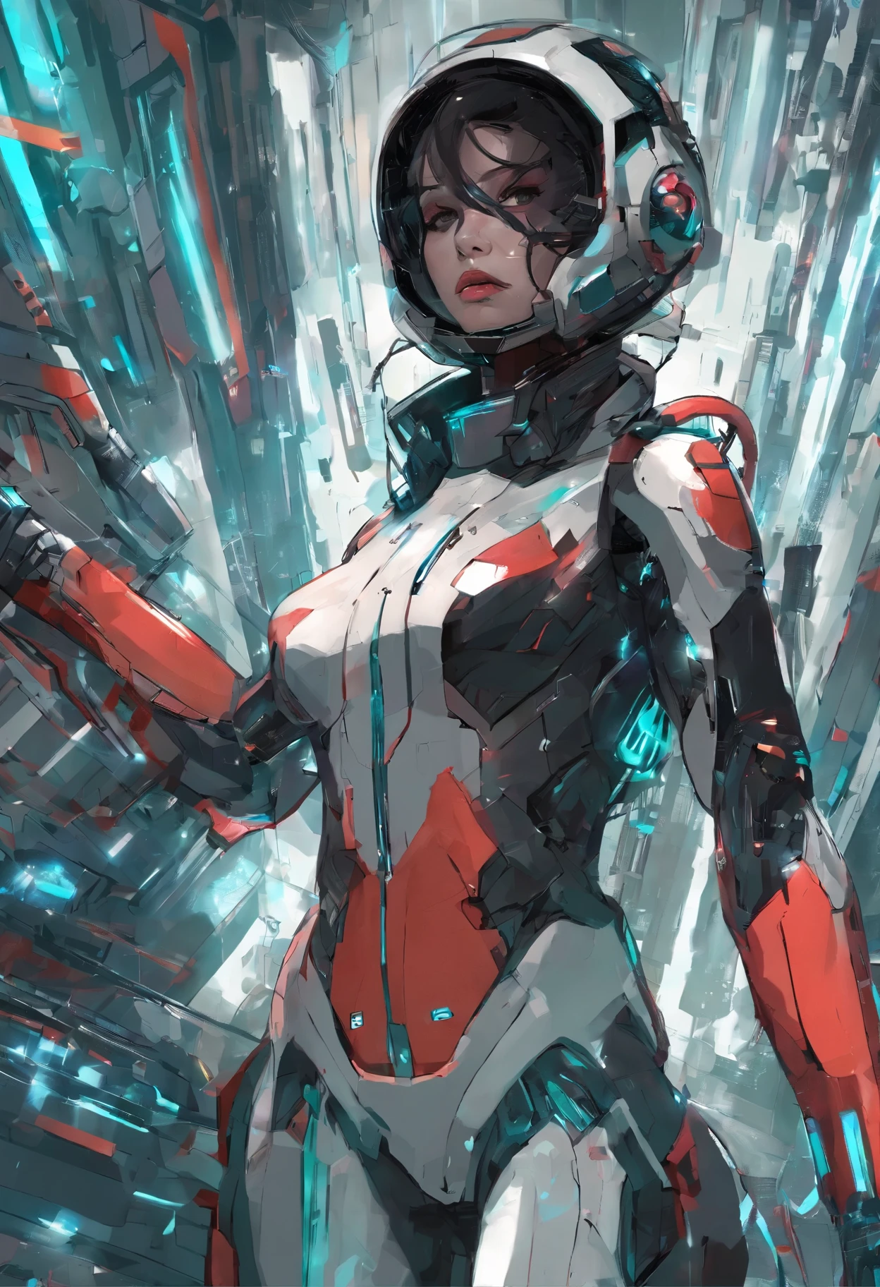(grainy:0.5), cinematic,girl, space, serious, detailed eyes, detailed face, detailed futuristic clothes, lights in clothes, (aiming gun:1.1), (hiding:1.1), (squatting, looking to side:1.1), volumetric lighting, isolation, horror, dark lighting, red bioluminescent details, green bioluminescent details, blue bioluminescent details
