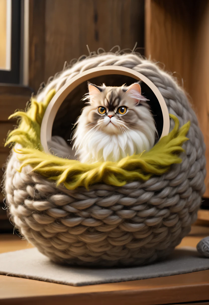 (8k, 16k, Award-winning, Dynamic,best quality, highest resolution, Super details, high detail, anatomically correct, masterpiece, stunning beauty),Nest made of wool felt, Beautiful nest,Adorable Persian cat and its stylish lair,