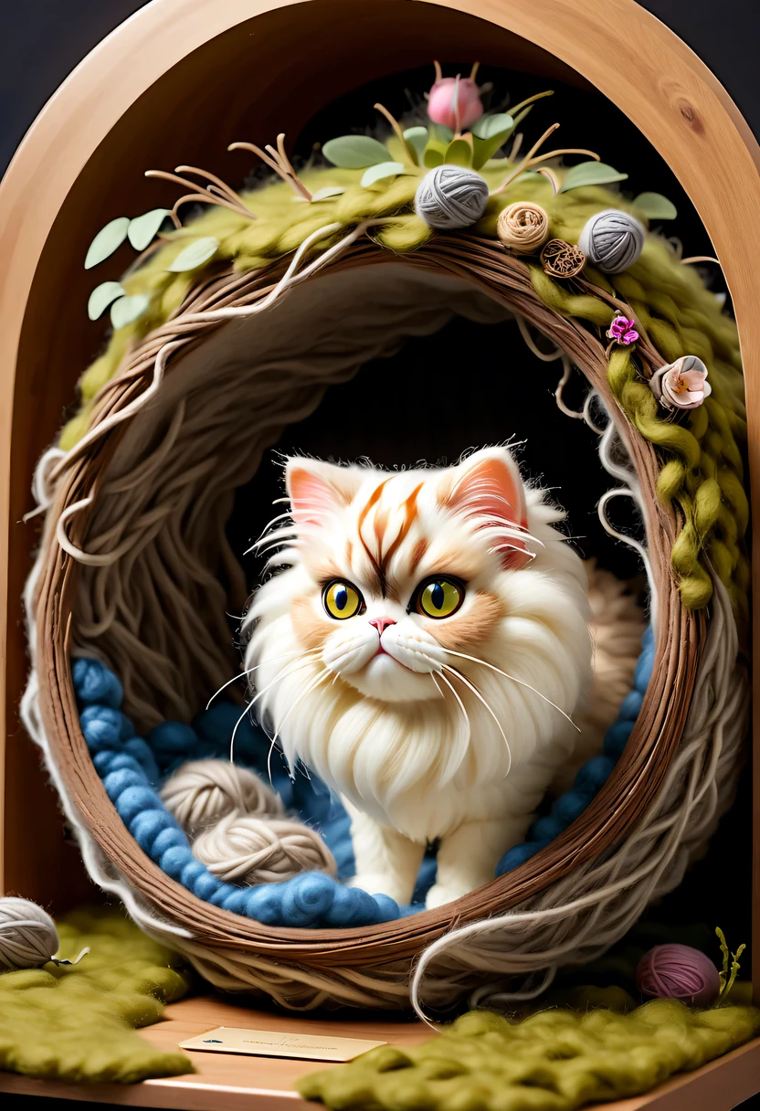 (8k, 16k, Award-winning, Dynamic,best quality, highest resolution, Super details, high detail, anatomically correct, masterpiece, stunning beauty),Nest made of wool felt, Beautiful nest,Adorable Persian cat and its stylish lair,