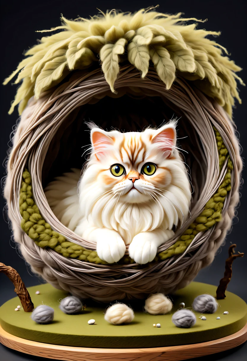(8k, 16k, Award-winning, Dynamic,best quality, highest resolution, Super details, high detail, anatomically correct, masterpiece, stunning beauty),Nest made of wool felt, Beautiful nest,Adorable Persian cat and its stylish lair,