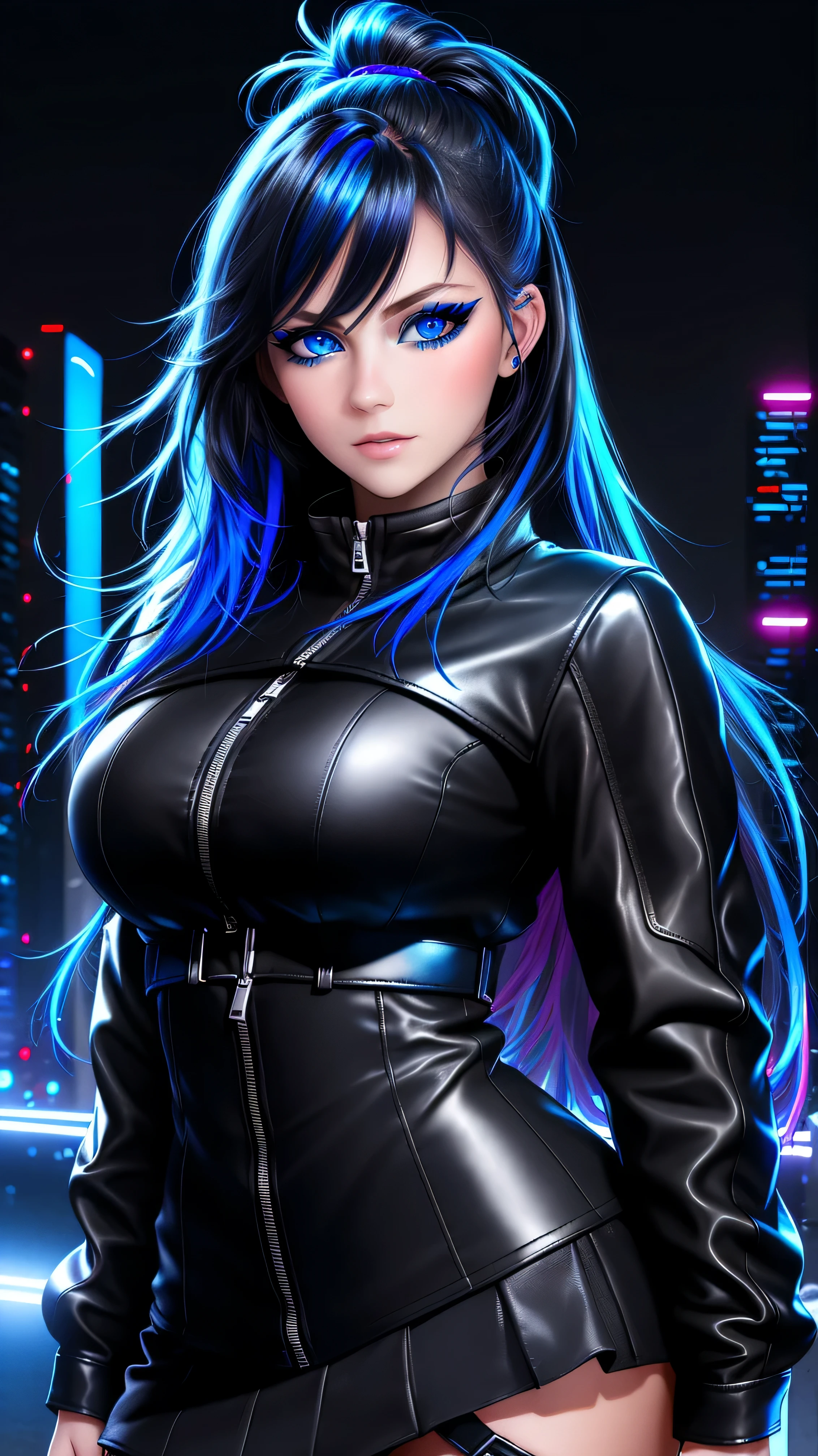 beautiful girl, full body, bright blue neon streaked dishevelled hair, ((large light realistic detailed eyes:1.3)), ((seductive pose:1.5)), black eyeshadow, (street style wear:1.2), ((tight fitted short skirt)), ((thigh high leather boots:1.3)), ((dark city night black background:1.4)), dark makeup, digital art, trending on artstation, highly detailed, fine detail, intricate, beautiful detailed glow, detailed, Cinematic light, high-res, detailed facial features, sharp focus, smooth, aesthetic,