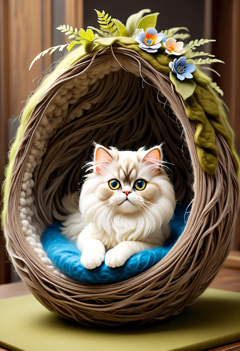 (8k, 16k, Award-winning, Dynamic,best quality, highest resolution, Super details, high detail, anatomically correct, masterpiece, stunning beauty),Nest made of wool felt， Beautiful nest，Adorable Persian cat and its stylish lair，