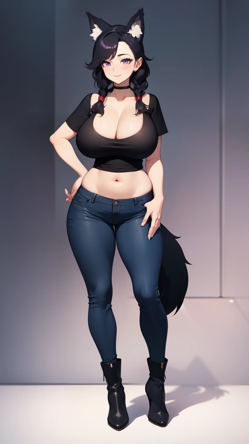 High quality, 4k, Massive breasts, older milf, black hair, motherly long braid hairstyle, purple eyes, thinner body, fit, milf body, black v-neck t-shirt, skinny jeans, deep cleavage, big hips, full body, sexy pose. Lustfull look on face. Wolf ears and tail, No human ears, cute boots