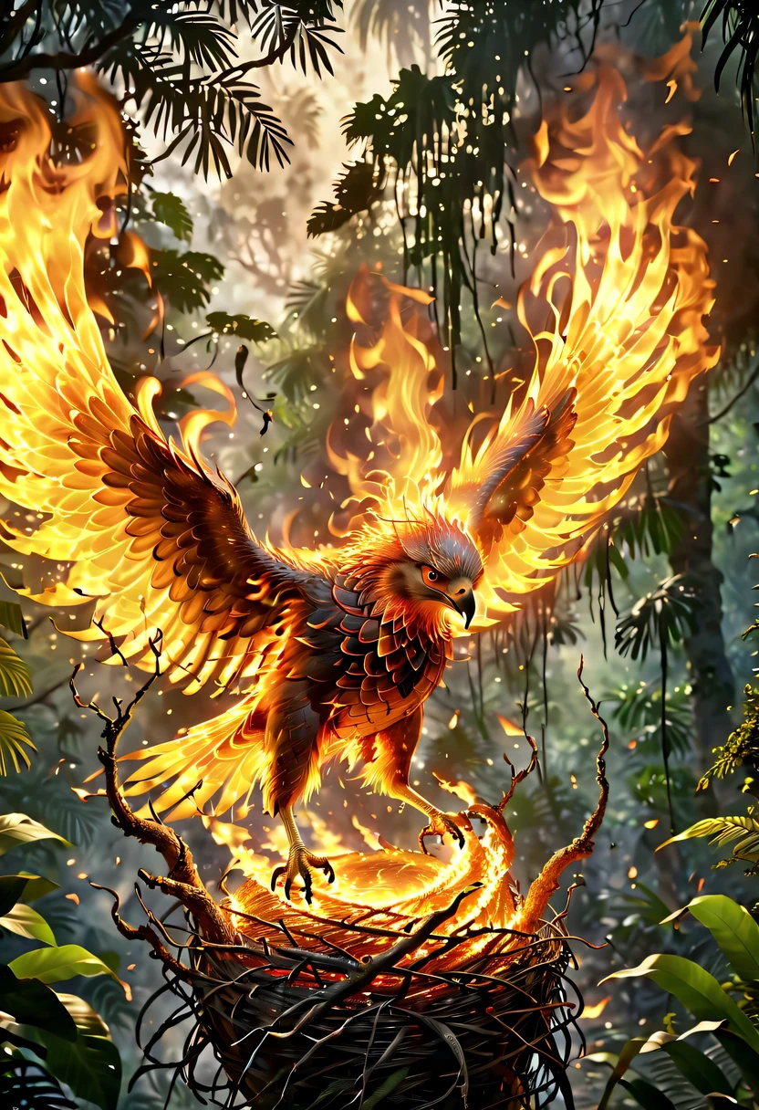 (8k, 16k, Award-winning, Dynamic,best quality, highest resolution, Super details, high detail, anatomically correct, masterpiece, stunning beauty), Nest composed of fire elements,(Huge burning lair in the jungle:1.3),The phoenix flies in the sky, Trapped in a world of fire.