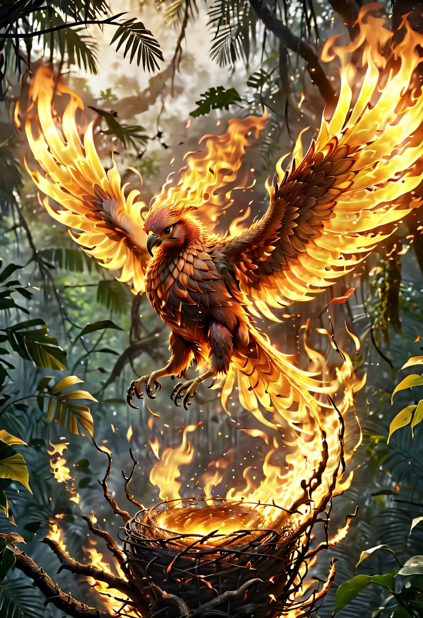 (8k, 16k, Award-winning, Dynamic,best quality, highest resolution, Super details, high detail, anatomically correct, masterpiece, stunning beauty), Nest composed of fire elements,(Huge burning lair in the jungle:1.2),The phoenix flies in the sky, Trapped in a world of fire.