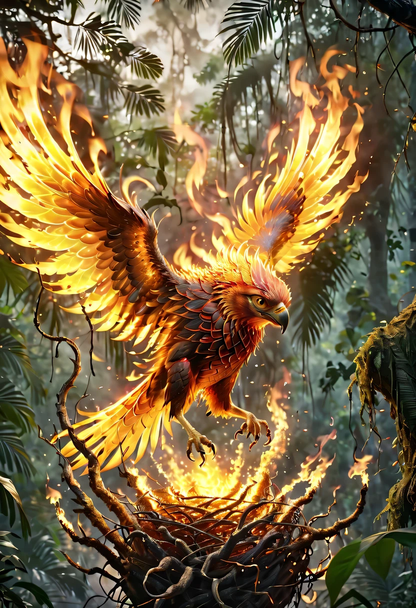 (8k, 16k, Award-winning, Dynamic,best quality, highest resolution, Super details, high detail, anatomically correct, masterpiece, stunning beauty), Nest composed of fire elements，(Huge burning lair in the jungle:1.2)，The phoenix flies in the sky, Trapped in a world of fire.