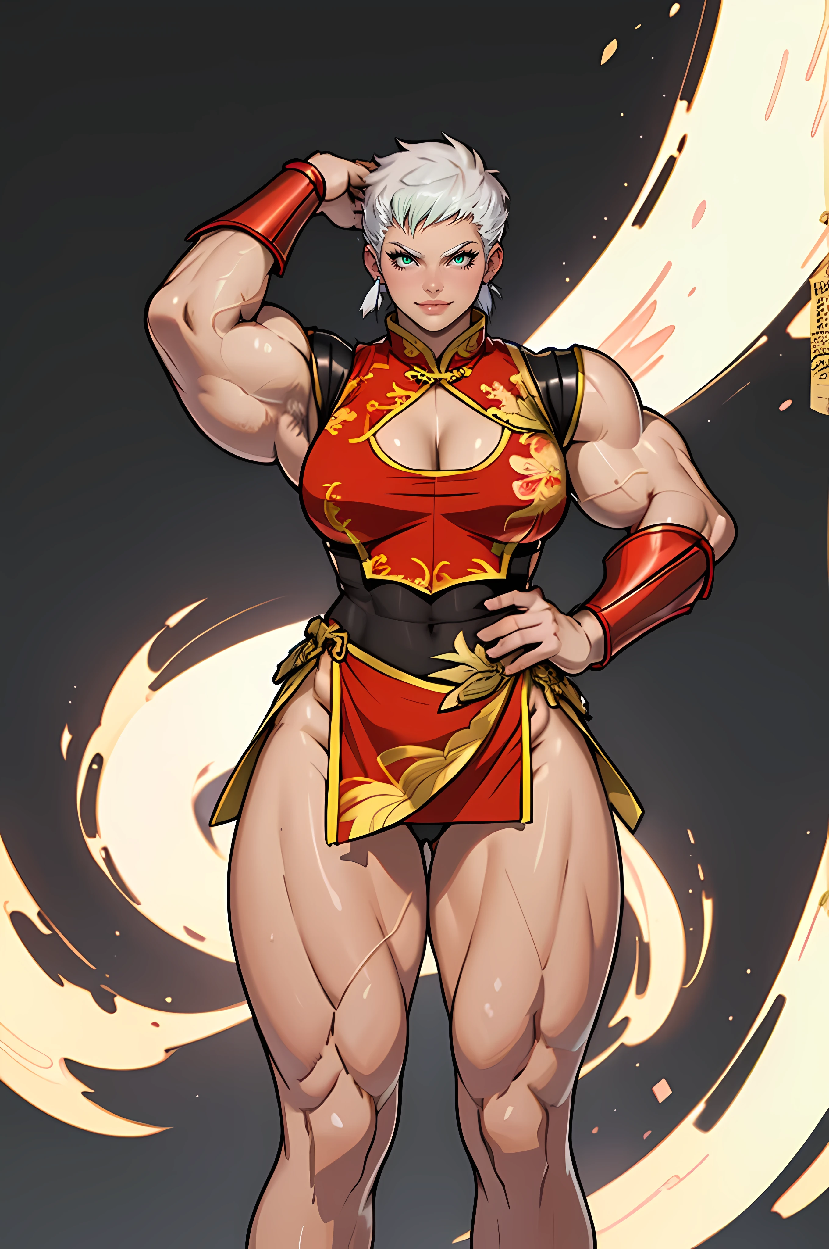 Woman, (High resolution, Pixels are perfect, luxurious illustration), (hyper quality, masutepiece, Ethereal: 1.4),(Solo:1.4), ((((From head to knee)))),  (angry), pale skin, (Ass_Pose), (((((((muscular))))))), ((thick thighs)), ((Huge breasts)), Very short hair, ((((chinese armor)))), (((wide hips))), ((greybackground)), (Shiny skin), (Leotard),