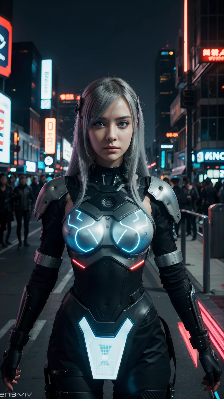 (best quality,4k,highres),AI girls in a futuristic cyberpunk cosplay,anime-style, with detailed cybernetic enhancements [anime,cyberpunk] surrounded by vibrant neon lights and skyscrapers. The AI girls possess mesmerizing, realistic eyes and lips. They have silver hair and wear elaborate, futuristic outfits with intricate details [cosplay]. The scene depicts them in the midst of a thrilling, action-packed adventure [midjourney]. The artwork showcases their cybernetic enhancements with ultra-detailed precision, combining the beauty of technology and humanity. The colors are vivid and enhanced with a neon color palette, creating a sense of dynamic energy and futurism. The lighting is dramatic, with focused spotlights that accentuate the cybernetic details and create an atmosphere of mystery and intrigue. The artwork is a digital masterpiece [masterpiece:1.2], created with the latest AI technology and stable diffusion techniques [stable diffusion, AI, sci-fi].