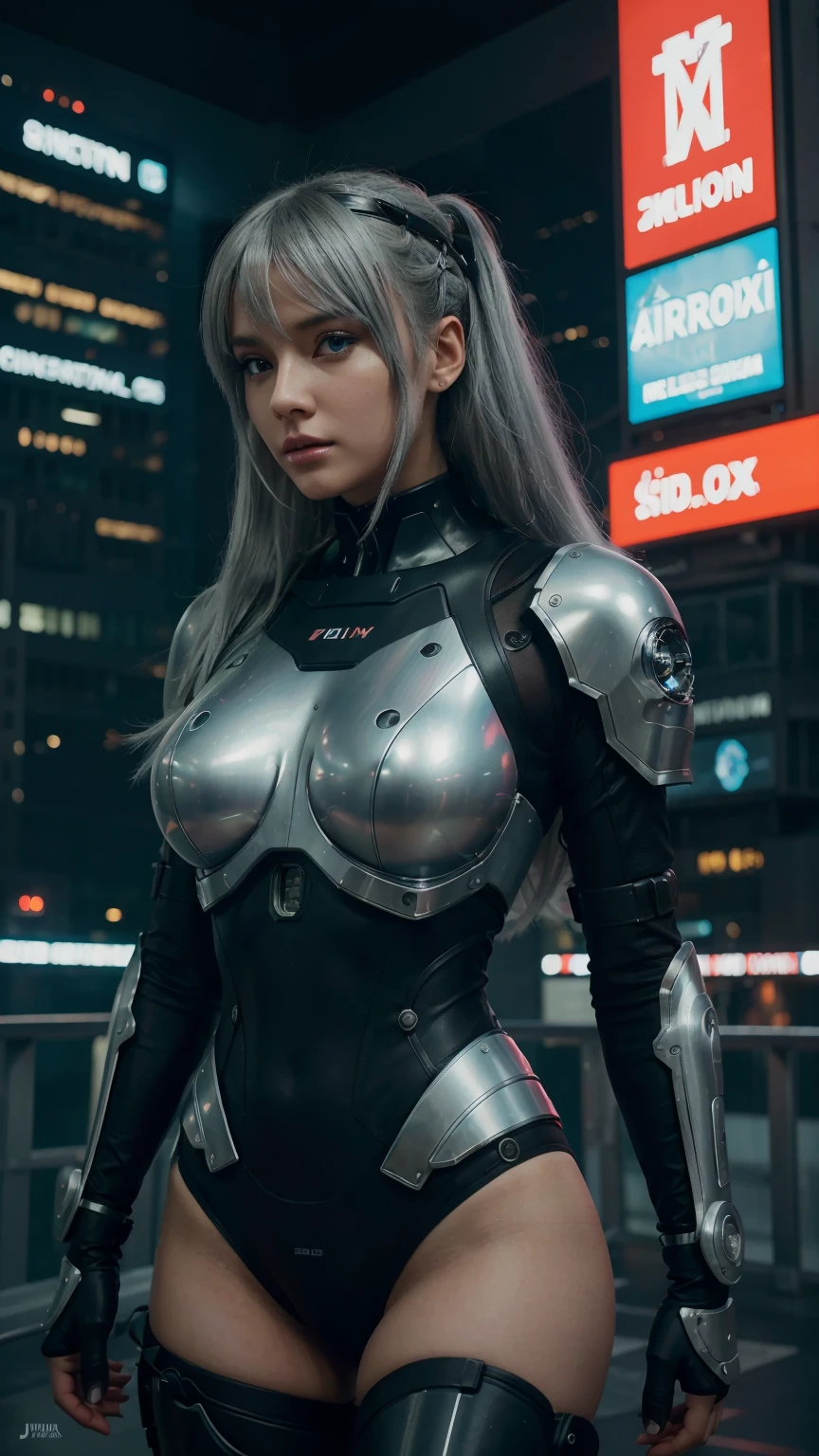 (best quality,4k,highres),AI girls in a futuristic cyberpunk cosplay,anime-style, with detailed cybernetic enhancements [anime,cyberpunk] surrounded by vibrant neon lights and skyscrapers. The AI girls possess mesmerizing, realistic eyes and lips. They have silver hair and wear elaborate, futuristic outfits with intricate details [cosplay]. The scene depicts them in the midst of a thrilling, action-packed adventure [midjourney]. The artwork showcases their cybernetic enhancements with ultra-detailed precision, combining the beauty of technology and humanity. The colors are vivid and enhanced with a neon color palette, creating a sense of dynamic energy and futurism. The lighting is dramatic, with focused spotlights that accentuate the cybernetic details and create an atmosphere of mystery and intrigue. The artwork is a digital masterpiece [masterpiece:1.2], created with the latest AI technology and stable diffusion techniques [stable diffusion, AI, sci-fi].