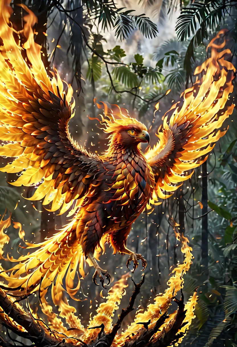 (8k, 16k, Award-winning, Dynamic,best quality, highest resolution, Super details, high detail, anatomically correct, masterpiece, stunning beauty), Nest composed of fire elements,Huge burning lair in the jungle,The phoenix flies in the sky,Phoenix burning, Trapped in a world of fire.