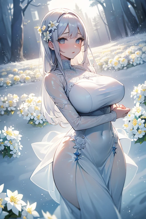 (Paradise in Heaven), White lighting,(muste piece), (best quality), (cinematic), 8K, (art station),(長いwhite hairとSilvery eyesを持つ1人の女), (beautiful delicate face)、[Frozen trees々], [landscape crystal], [lighting], [Ethereal Atmosphere:1.1], [fantasy, short story] ,[soft なlighting] 、(+cinematic shot:1.2)、 [+art station] 、[+luminous white background] 、 [soft glow] 、(Creative and dynamic angles:1.3), [+Crystal Toning] 、muste piece, very detailed, Super detailed, solo, (pale skin), Silvery eyes, white hair, (snow background), (snowflake rosen flower:1.0), (shining crystal), (Snowy ground), (White lashes), sexy woman、dreamy and detailed, Gorgeous setting, 妖しい雰囲気 muste piece, The most beautiful scenes, majestic、(((full of white flowers:1.5)))、quiet and serene atmosphere、attractive, all white tones,Inside the crystal library,Transparent flowers and falling snow，Many white roses are planted,(water flowing,waterfall,water bloom),The decoration is also carefully done.,dream（very detailedです，creative design，crisp and precise lines，K HD，best quality，master piece，超High resolution，In 4K）、Diverse poses、((beautiful white flower hair ornament))、beautiful hairstyle、(best quality, In 4K, 8K, High resolution, muste piece:1.2), Super detailed, detailed expression, graceful posture, Expressiveなブラシストローク, mysterious atmosphere, artistic interpretation,Delicate floral jewelry， (((Detailed design、Beautiful transparent dress made of thin fabric、Sheer mini dress that shows off your skin)))、(SFW:1.5), (oversized breasts, best body proportions, proportions of large breasts,:1.5)、Expressive
