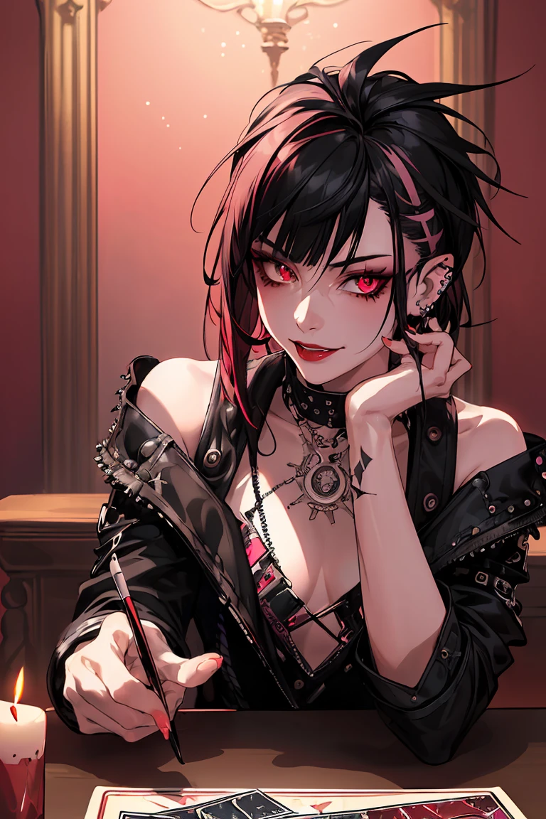 1girl, (masterpiece, best quality: 1.2), 8k, official art, nude, naked, pierced earrings, (smoky red eye shadow with glitter, pinkish red lips glazed :0. 9), very dark red background, HDR, facelight, ultra realistic, highres, photography, chromatic aberration, sharp focus, HDR, facelight, dynamic lighting, cinematic lighting, professional shadow, dark shadow, highest detailed, extremely detailed, ultra detailed, finely detail, real skin, delicate facial features, detailed face and eyes, sharp pupils, realistic pupils, (punk hair: 1.4) long curly black hair, punk hair, smiling, fangs in mouth, fangs poking out of mouth (sitting at table, tarot cards in hand, candles on table)