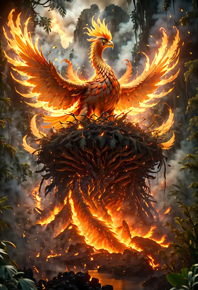 (8k, 16k, Award-winning, Dynamic,best quality, highest resolution, Super details, high detail, anatomically correct, masterpiece, stunning beauty), Nest composed of fire elements,Huge burning lair in the jungle,The phoenix flies in the sky,Phoenix burning, Trapped in a volcanic world.