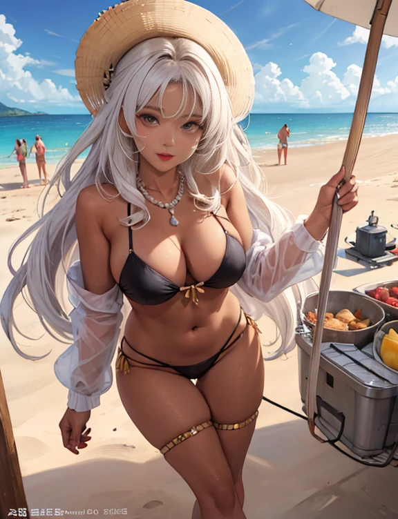 (masterpiece:1.2, highest quality), (1 female, alone), clothing: bikini accessories: shell necklace, hair: long white hair, 緩やかなbeachの波, compensate: nature, glowing skin, ((dark skin behavior: 1.2))、Relaxed, easy going, Free-spirited, Location: beach, resort, outdoor festival, brown eyes, huge breasts,stick out tongue、wink、High leg string bikini、Angle of view below the knee、金hair黒ギャル、