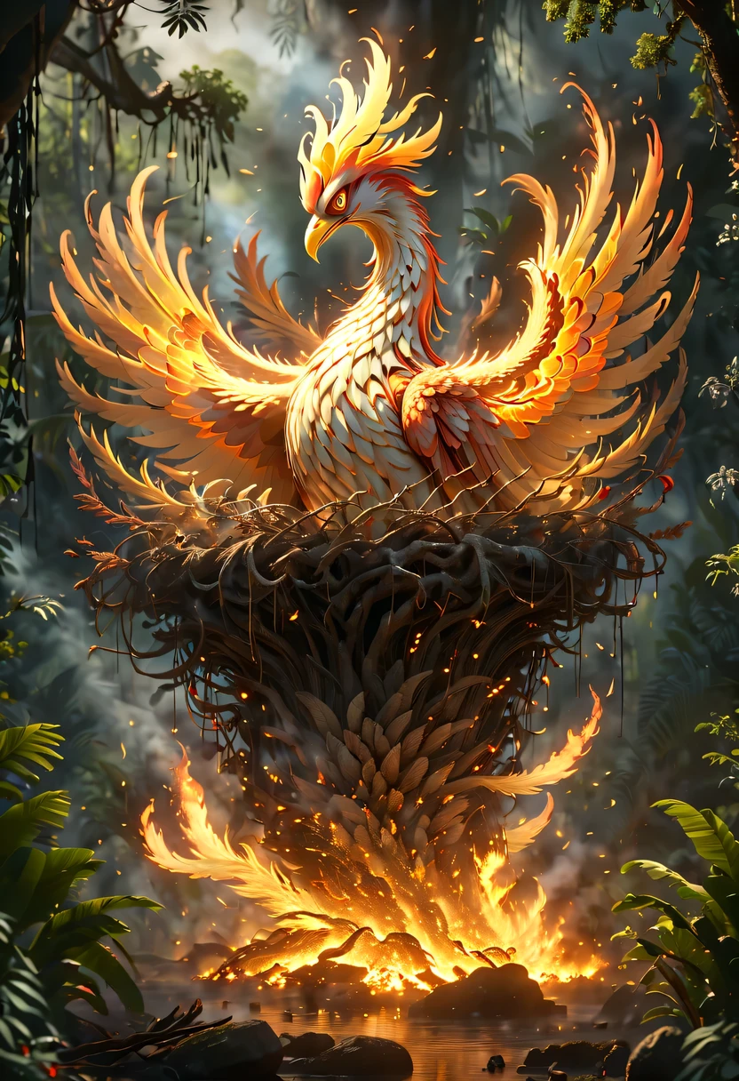 (8k, 16k, Award-winning, Dynamic,best quality, highest resolution, Super details, high detail, anatomically correct, masterpiece, stunning beauty), Nest composed of fire elements,Huge lair in the jungle,The phoenix has flown,Phoenix burning