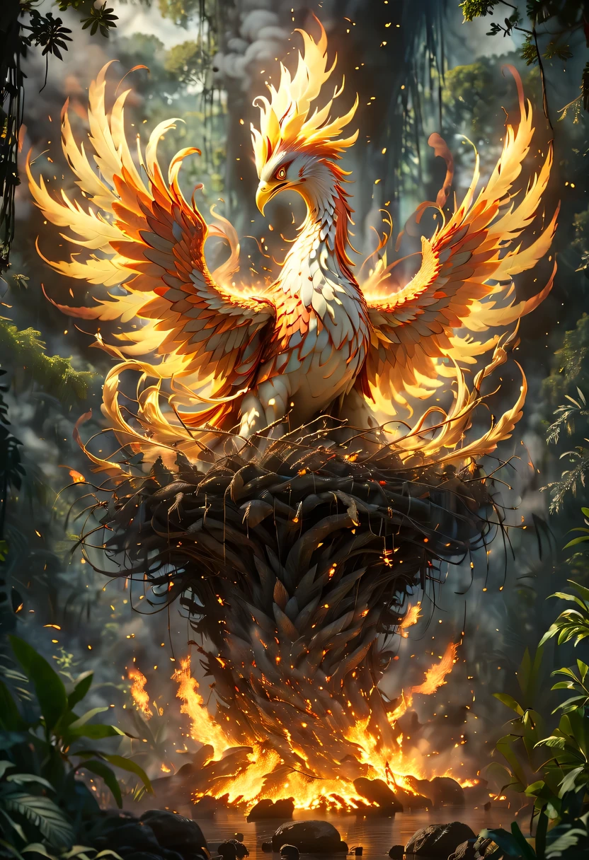 (8k, 16k, Award-winning, Dynamic,best quality, highest resolution, Super details, high detail, anatomically correct, masterpiece, stunning beauty), Nest composed of fire elements，Huge lair in the jungle，The phoenix has flown,Phoenix burning