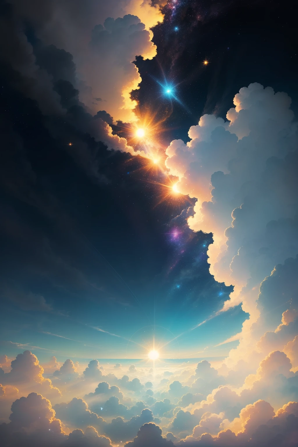 In this surreal dreamscape, four ethereal spirits gracefully float among the clouds, bathed in the gentle glow of the sun. The sun casts its golden rays upon the scene, setting the heavens ablaze with radiant light. The clouds part ways, revealing a vast, clear blue sky speckled with fluffy white tufts. The spirits, with their translucent wings, dance in the air, leaving trails of sparkling stardust in their wake. Their ethereal bodies are outlined against the backdrop of the sun, creating a mesmerizing sight. The scene is filled with intricate details, from the delicate folds of their robes to the intricate patterns on their