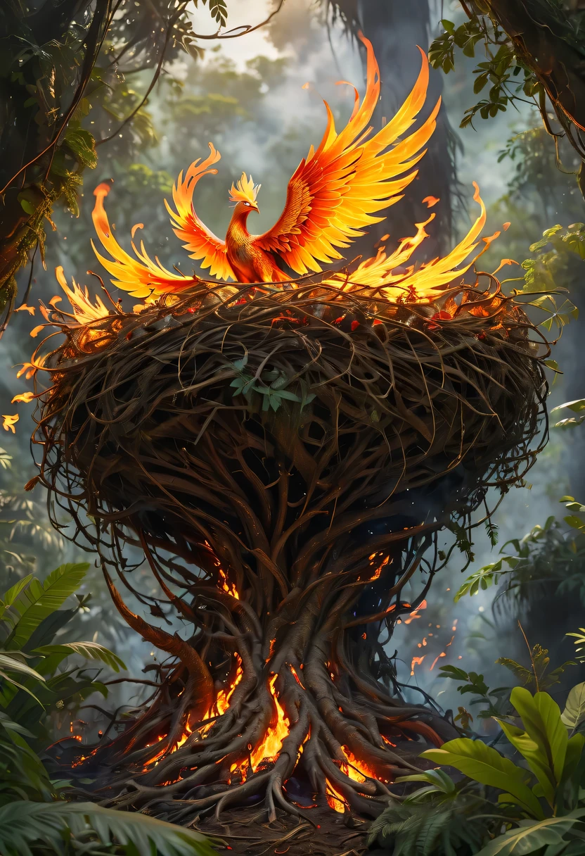 (8k, 16k, Award-winning, Dynamic,best quality, highest resolution, Super details, high detail, anatomically correct, masterpiece, stunning beauty), Nest composed of fire elements,Huge lair in the jungle,The phoenix has flown,Phoenix burning