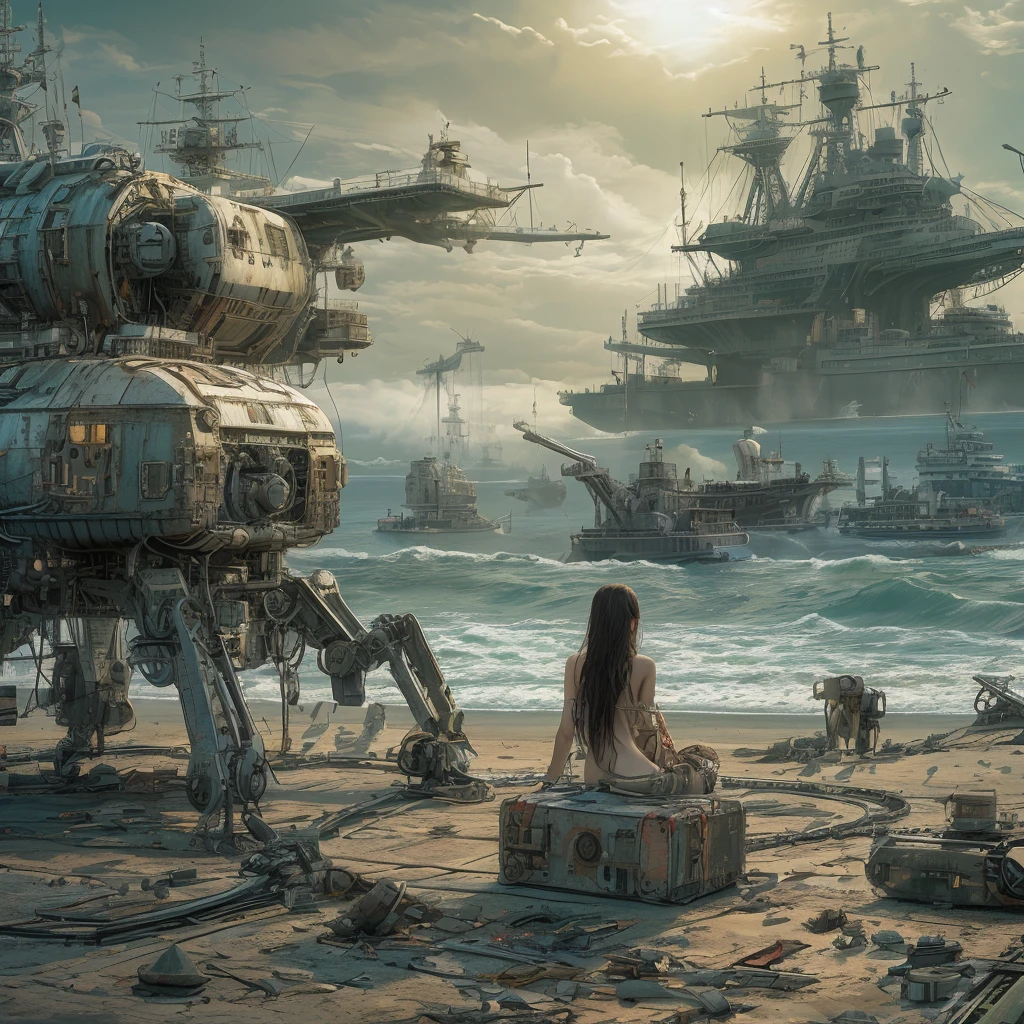 Ultra realistic 16K CG, masterpiece, Best Composition, Photo quality, work of art, Against the backdrop of an imperial star cruiser taking off, Detailed Imperial Star Super Dreadnought , side view, high detail, Lots of elements, flying transports, flying cargo ships, cranes, Manipulators. Sun rays, on the sides there are many detailed artillery batteries, The Distant Future, naked girl kneels on the shore, naked slave, there are cyborgs and spider robots around her, Girl on a chain, The girl is tied up, Hands behind your back. a coastal fort is shelling a ship.