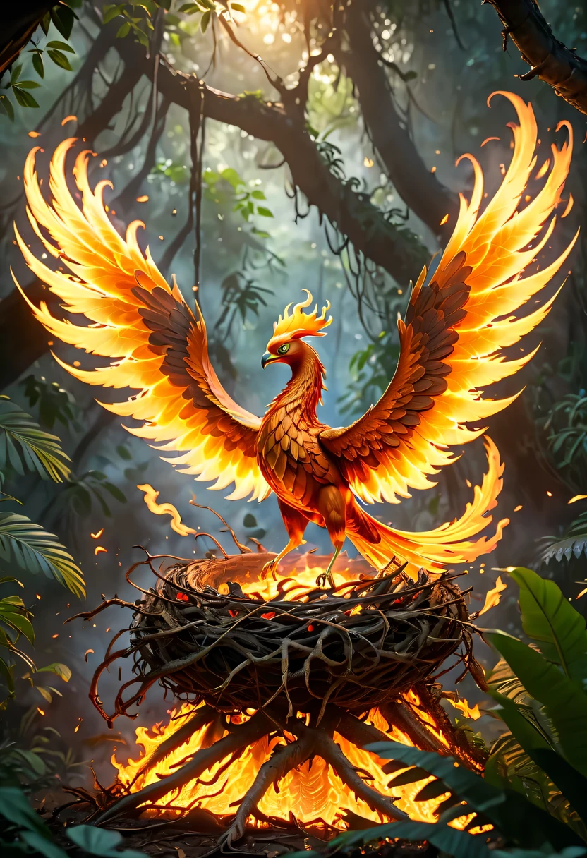 (8k, 16k, Award-winning, Dynamic,best quality, highest resolution, Super details, high detail, anatomically correct, masterpiece, stunning beauty), Nest composed of fire elements,Huge lair in the jungle,The phoenix has flown,Phoenix burning