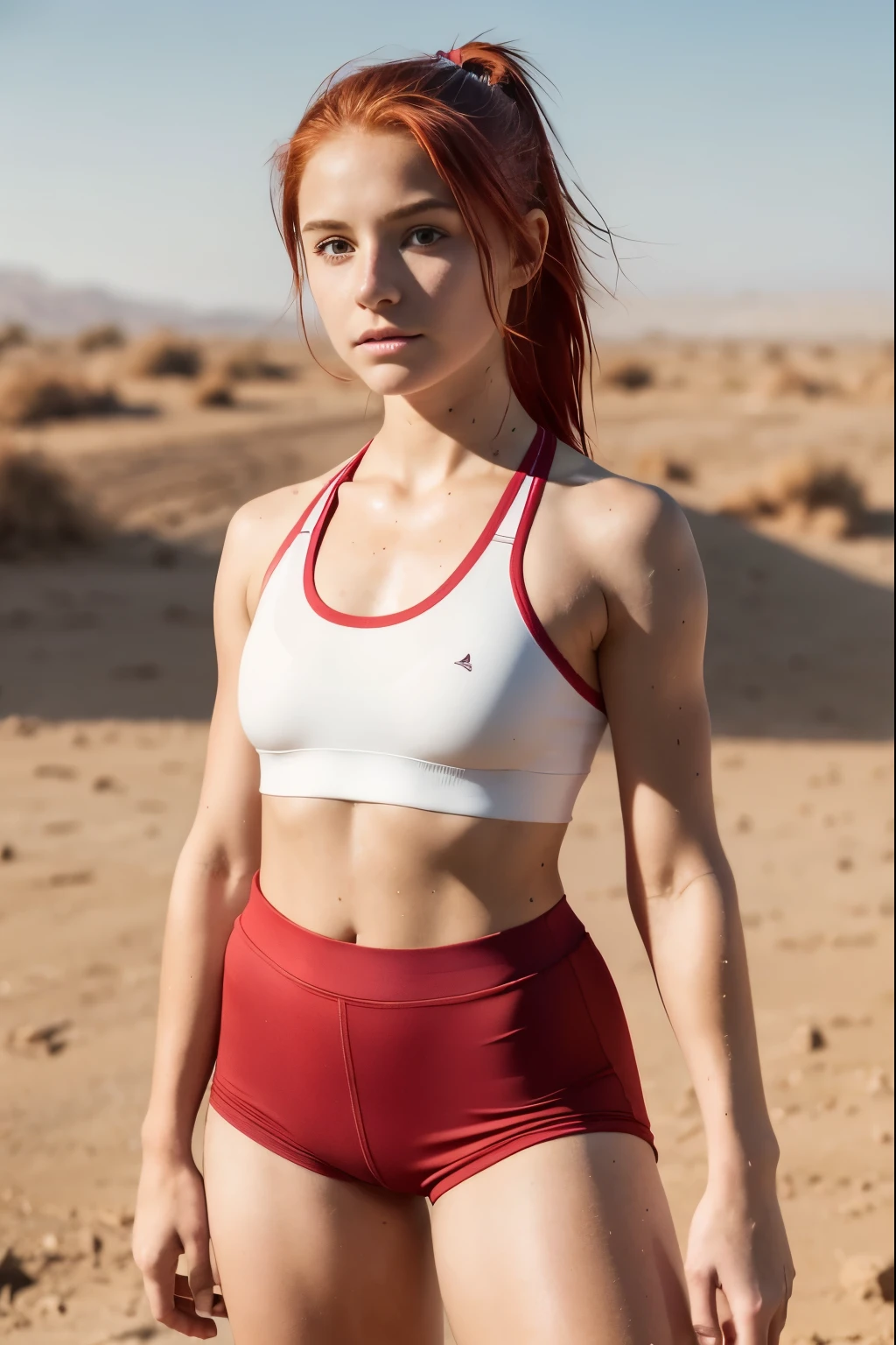 13 year old girl, red hair, freckles, strong, in a white sports bra and spandex shorts, long socks, sweaty, standing, facing the camera, in a dusty field