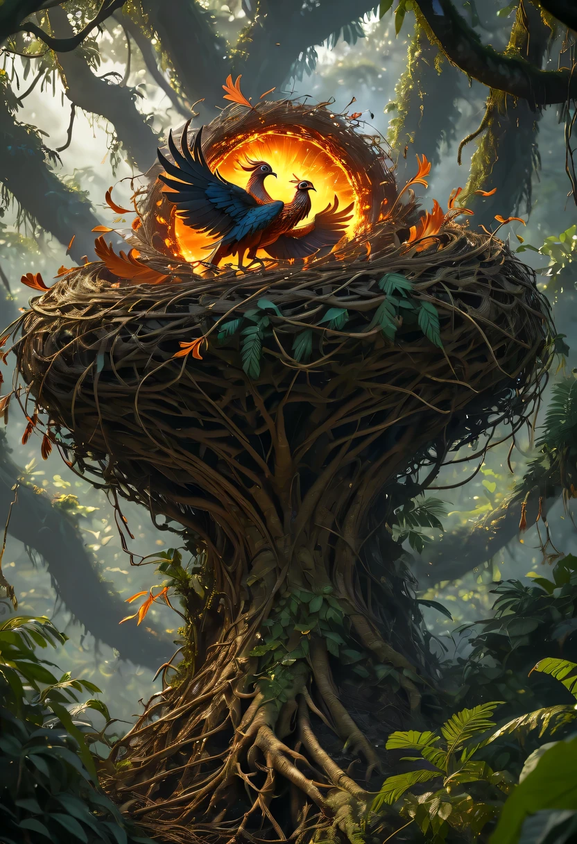 (8k, 16k, Award-winning, Dynamic,best quality, highest resolution, Super details, high detail, anatomically correct, masterpiece, stunning beauty), Nest composed of fire elements,Huge lair in the jungle,The phoenix has flown