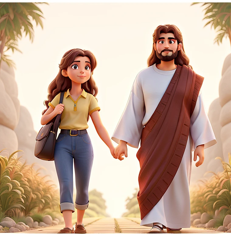 uma mulher de cabelos um pouco abaixo do ombo de maos dadas ao um homem personagem do livro biblia jesus