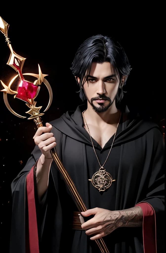 Magician(black hair, goatee)in dark robe, runes of gold, long staff with a ruby at the tip,