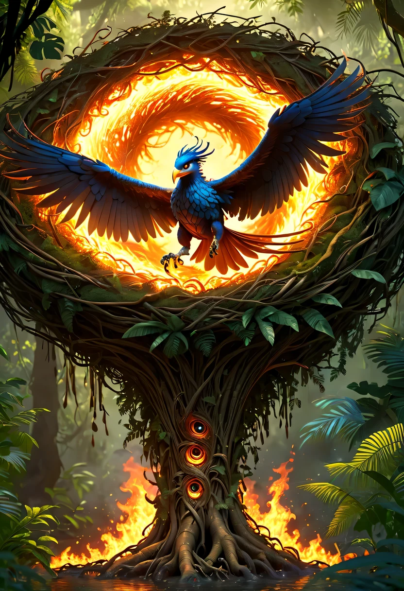 (8k, 16k, Award-winning, Dynamic,best quality, highest resolution, Super details, high detail, anatomically correct, masterpiece, stunning beauty), Nest composed of fire elements，(Huge lair in the jungle:1.2)，Phoenix FlyingDonM3l3m3nt4lXL