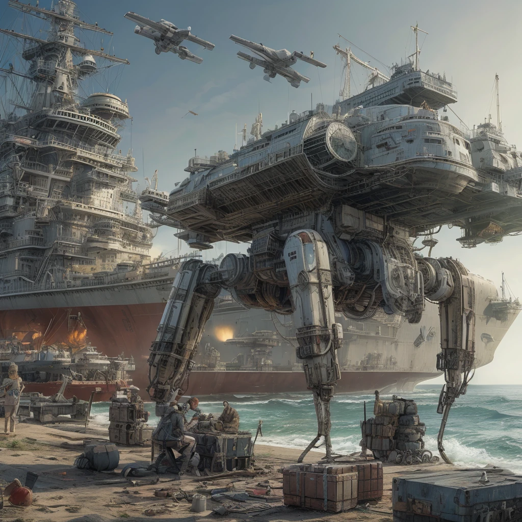 Ultra realistic 16K CG, masterpiece, Best Composition, Photo quality, work of art, Against the backdrop of an imperial star cruiser taking off, Detailed Imperial Star Super Dreadnought , side view, high detail, Lots of elements, flying transports, flying cargo ships, cranes, Manipulators. Sun rays, on the sides there are many detailed artillery batteries, The Distant Future,  girl kneels on the shore,  slave, there are cyborgs and spider robots around her, Girl on a chain, The girl is tied up, Hands behind your back. a coastal fort is shelling a ship, landing is underway, incredibly detailed girl, Detailed leather, 