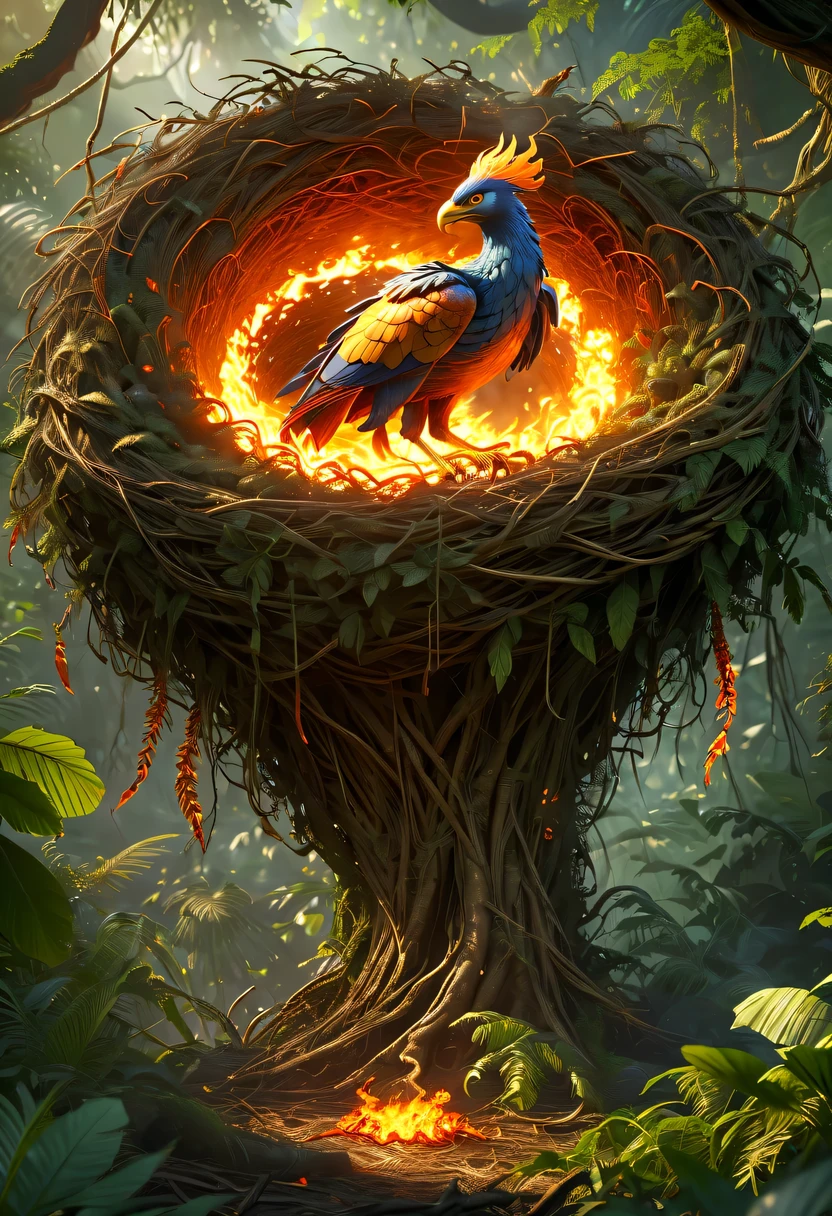 (8k, 16k, Award-winning, Dynamic,best quality, highest resolution, Super details, high detail, anatomically correct, masterpiece, stunning beauty), Nest composed of fire elements,(Huge lair in the jungle:1.2),Phoenix FlyingDonM3l3m3nt4lXL